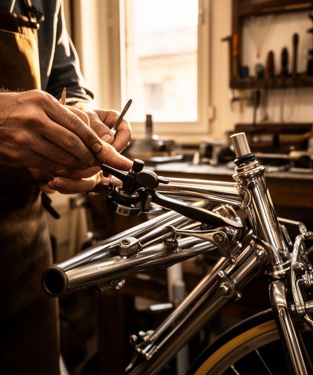 Meccanico esperto al lavoro su una bicicletta vintage nel cuore di Roma